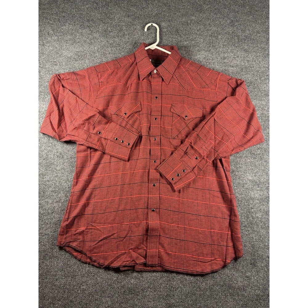 Vintage Panhandle Slim Shirt Mens XL Red Black Plaid Stripe Pearl Snap USA Made